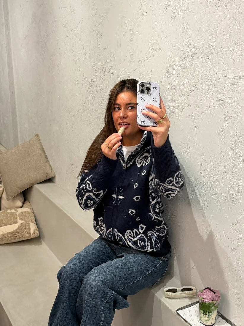 Casual Paisley Zip-Up Knit Jacket