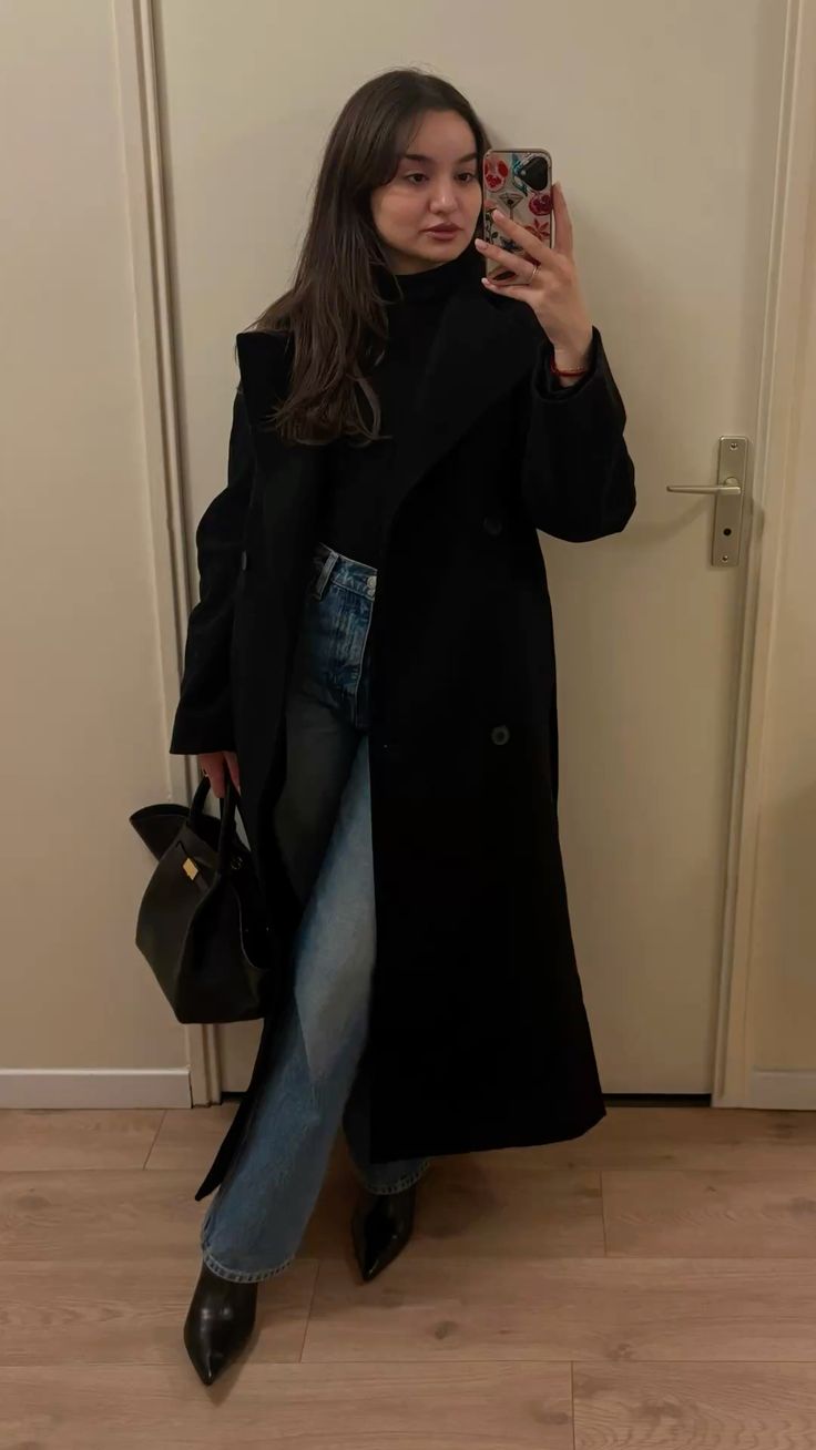 OLANE Angela Long Belted High Collar Coat BlackSWomen's Coats & Jackets