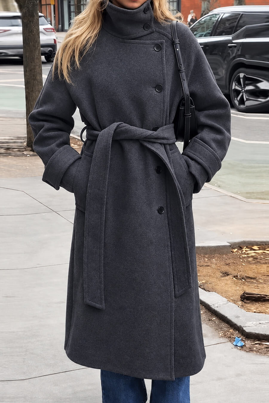 OLANE Angela Long Belted High Collar Coat GreySWomen's Coats & Jackets