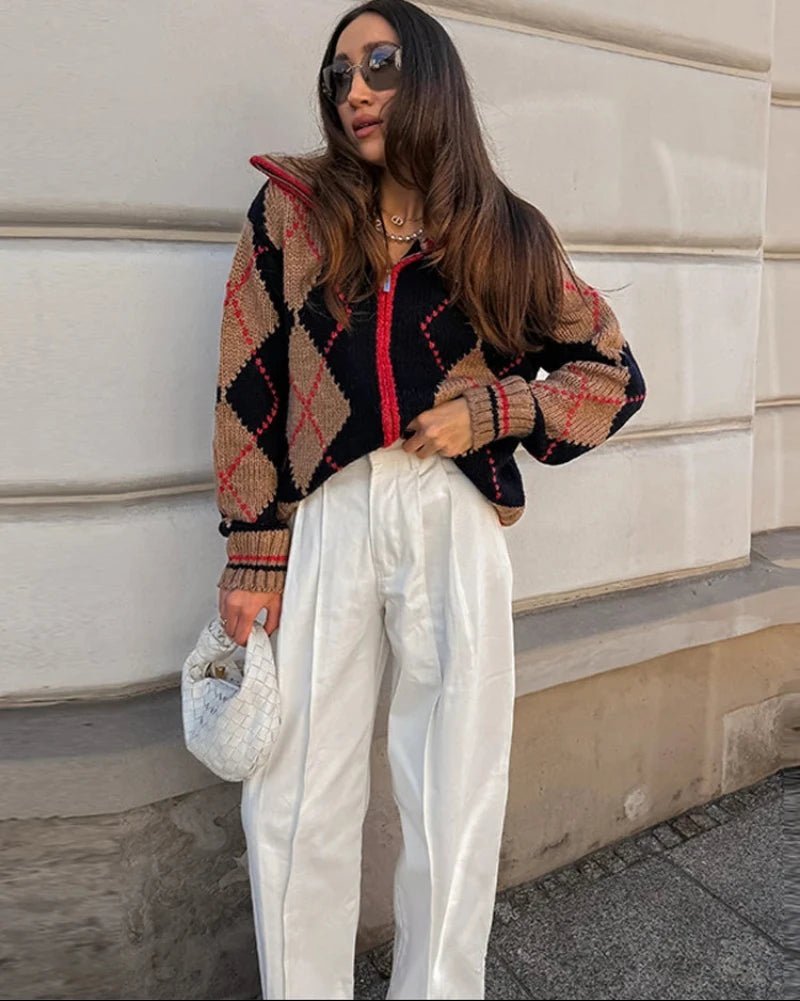 OLANE Argyle Ribbed Knit Zip-Up Cardigan LCardigan