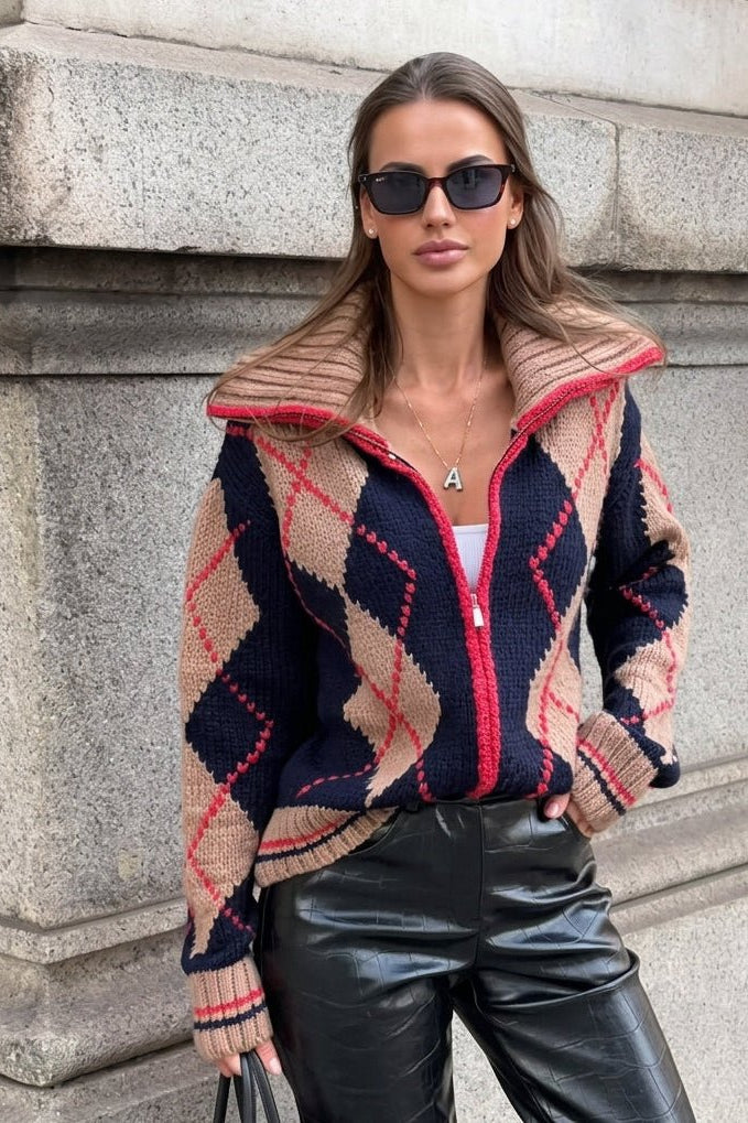 OLANE Argyle Ribbed Knit Zip-Up Cardigan MCardigan