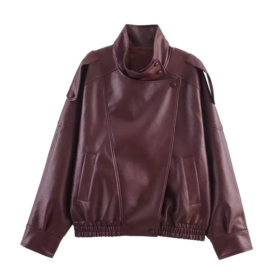 OLANE Asymmetric Button Pocket Jacket WineXSWomen's Coats & Jackets