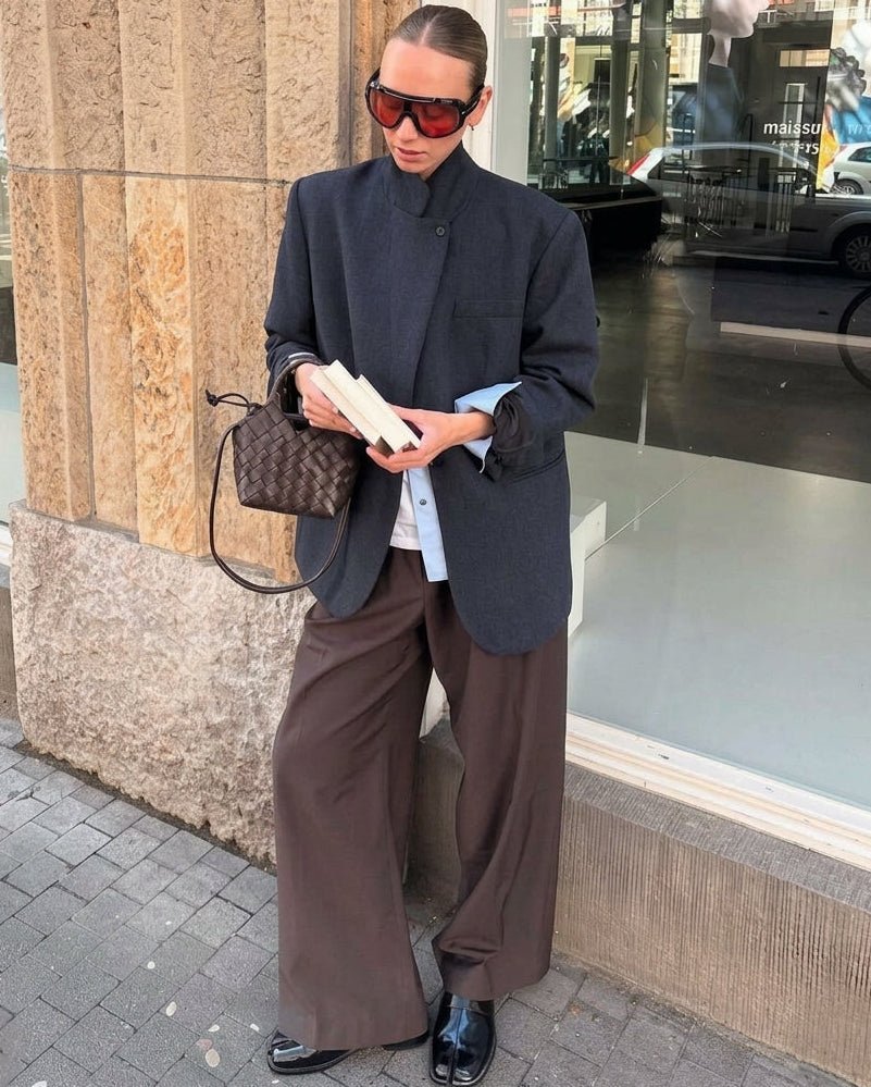 OLANE Asymmetric High Neck Blazer Coat BeigeXSBlazer