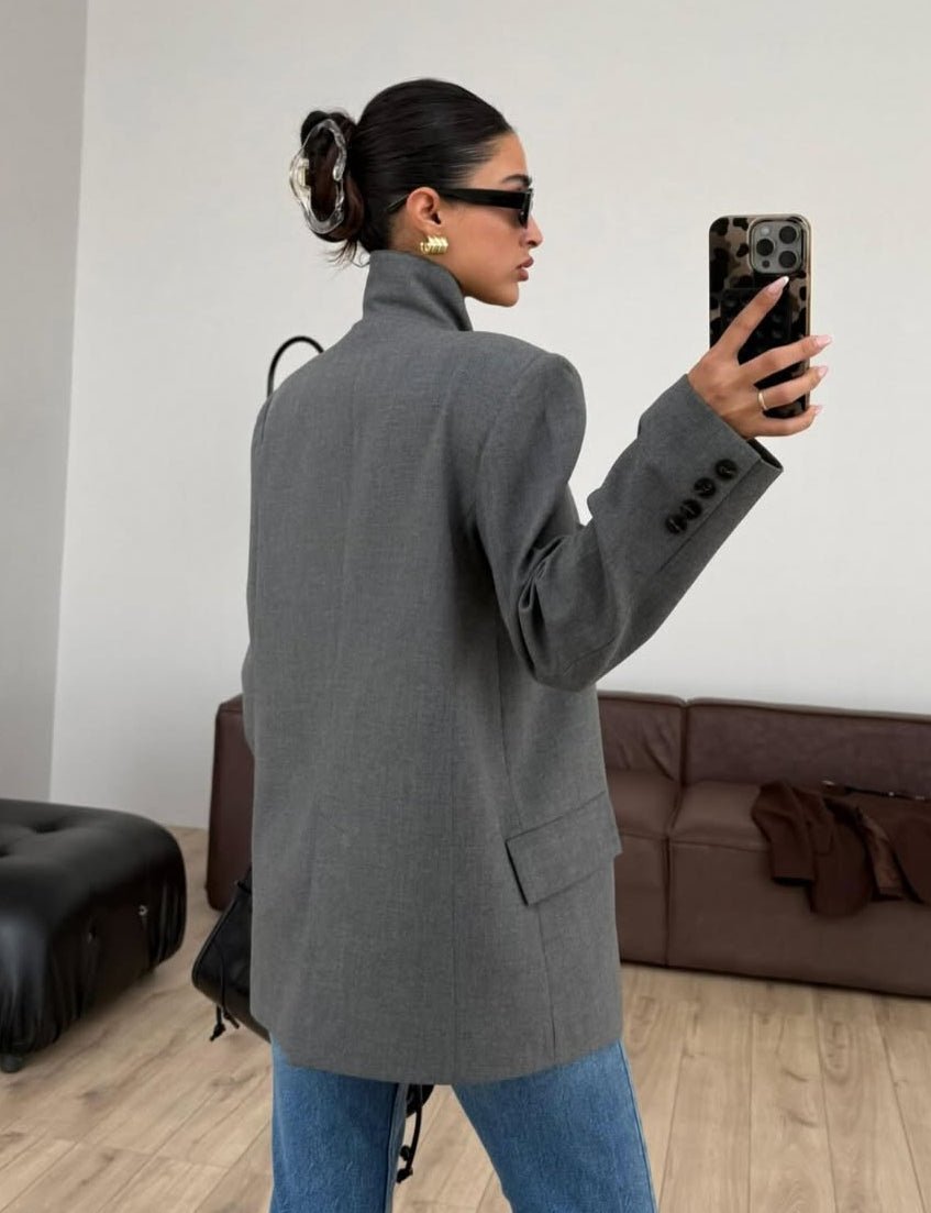 OLANE Asymmetric High Neck Blazer Coat GreyXSBlazer