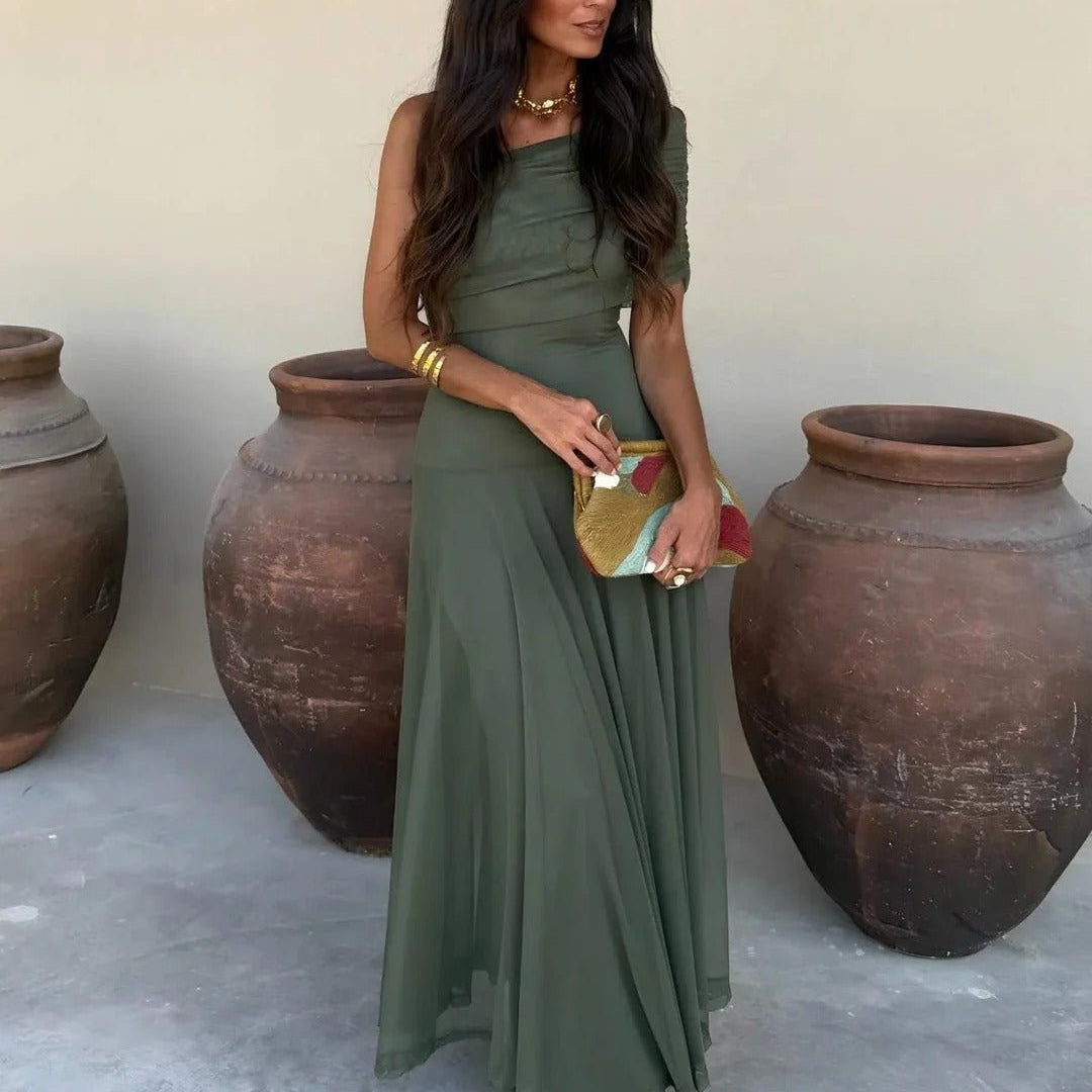 OLANE Asymmetric Off-Shoulder Ruched Maxi Dress SageSWomen’s Dresses