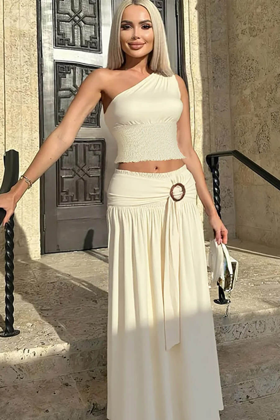 OLANE Asymmetric One-Shoulder Belted Maxi Skirt Set SetSWomen's Sets