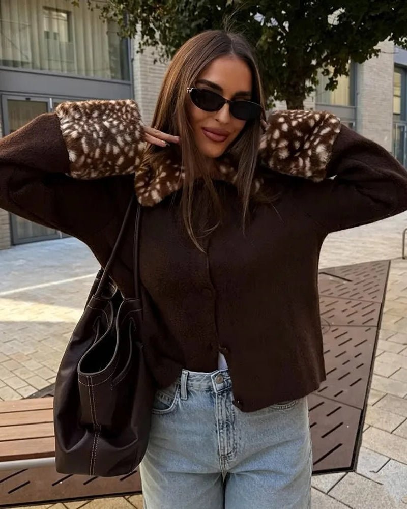 OLANE Bambi Faux Fur Trim Knit Cardigan BrownMCardigan