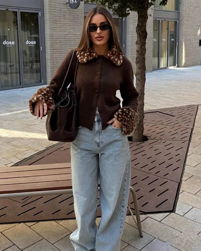 OLANE Bambi Faux Fur Trim Knit Cardigan BrownMCardigan