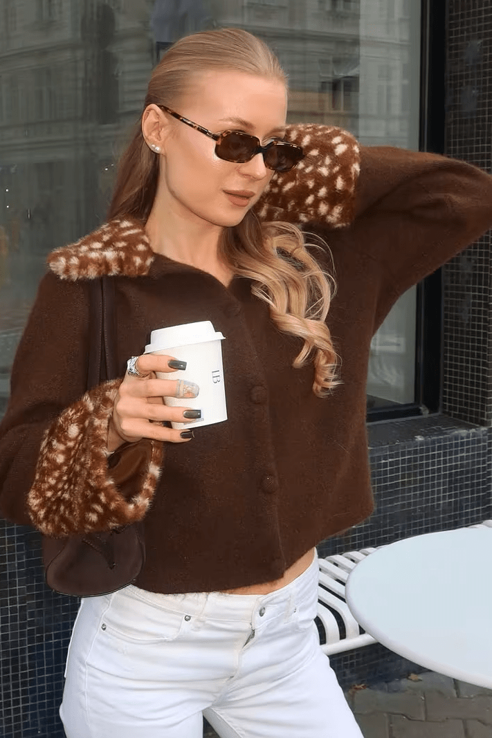 OLANE Bambi Faux Fur Trim Knit Cardigan BrownMCardigan