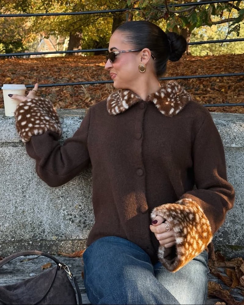 OLANE Bambi Faux Fur Trim Knit Cardigan BrownSCardigan