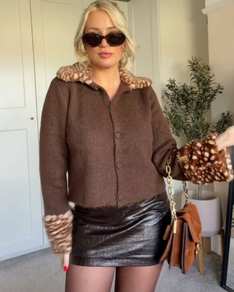 OLANE Bambi Faux Fur Trim Knit Cardigan BrownSCardigan