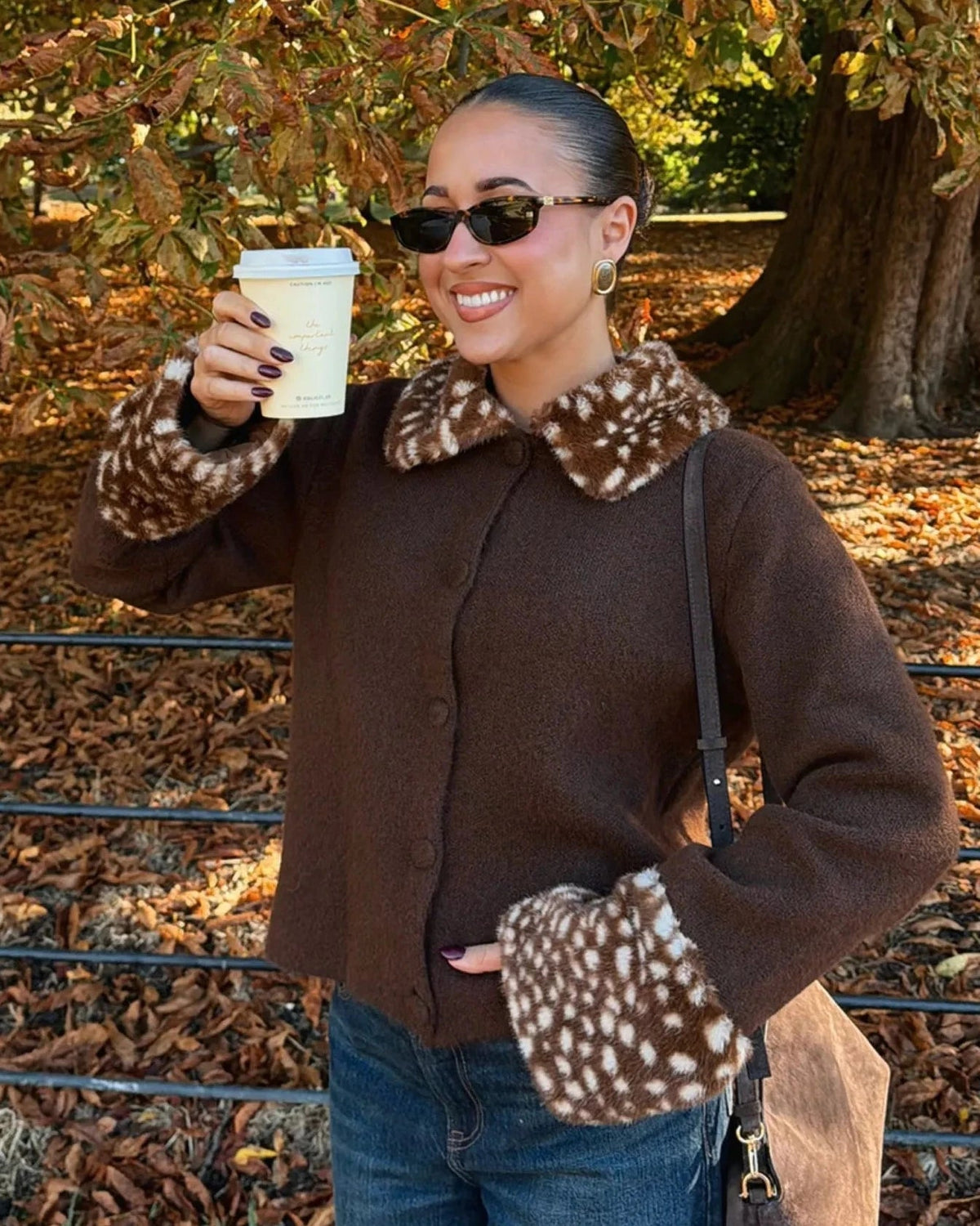 OLANE Bambi Faux Fur Trim Knit Cardigan BrownSCardigan