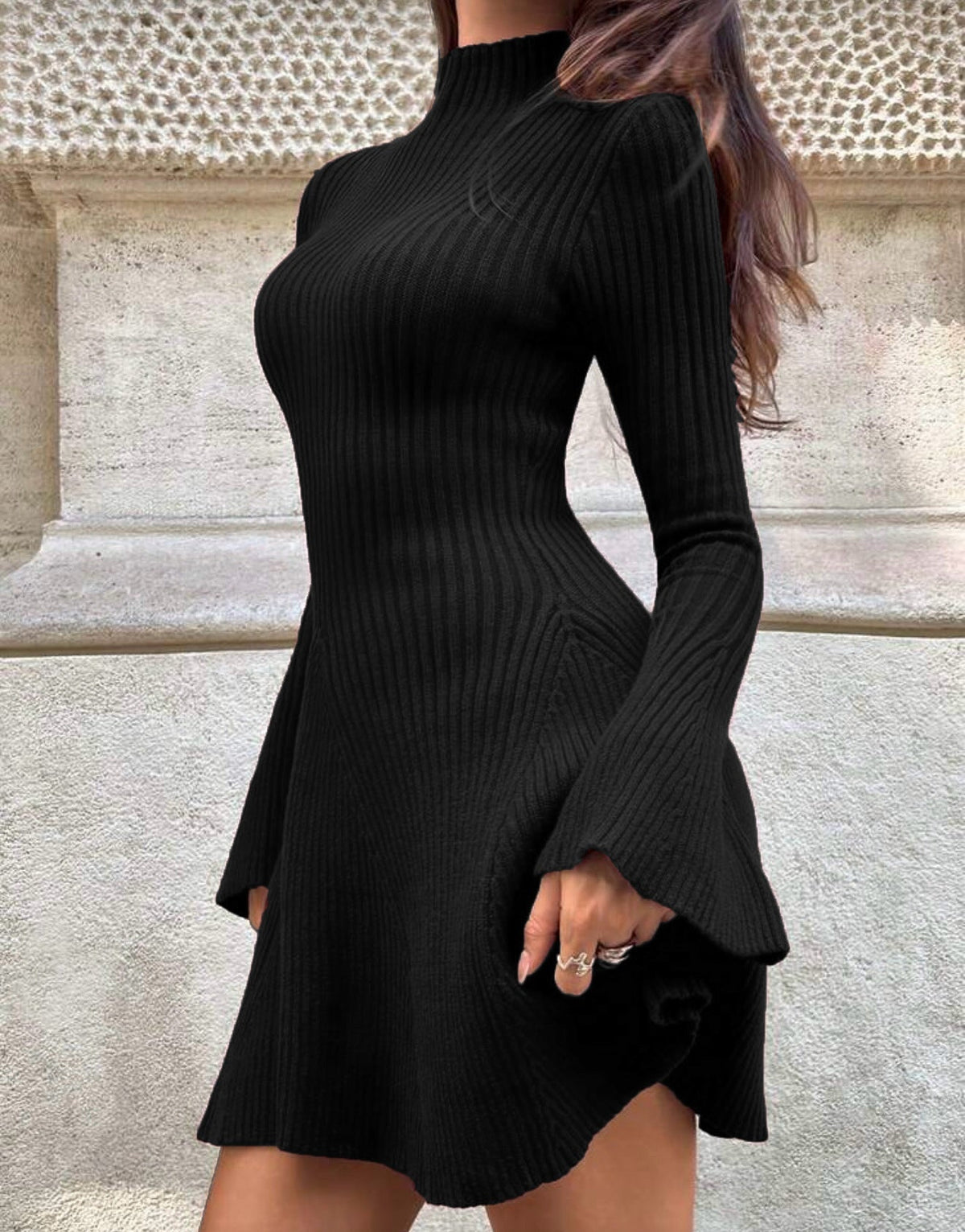 OLANE Bell Sleeve Ribbed Knit Sweater Dress BlackSDress