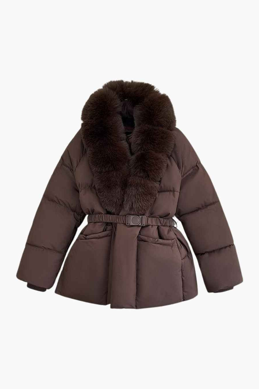 OLANE Belted Faux Fur Collar Quilted Parka BrownSCoat