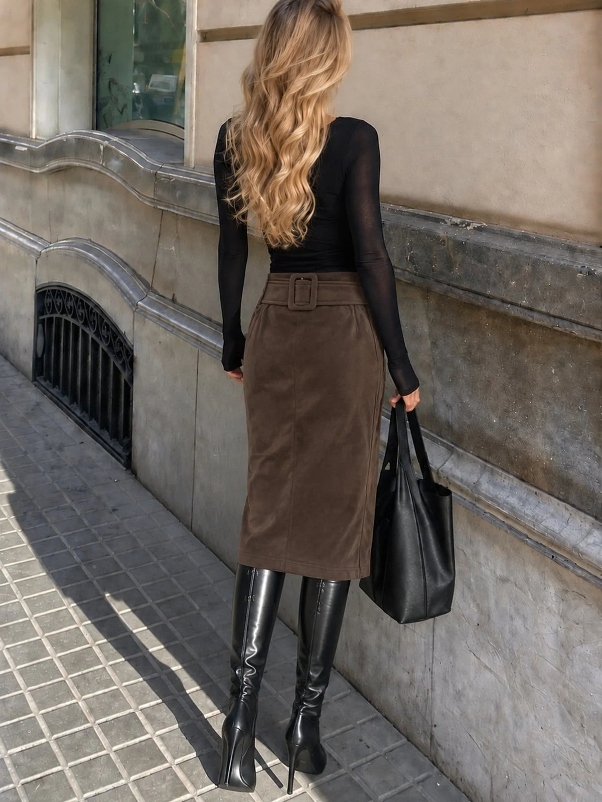 OLANE Belted Faux Suede Midi Skirt BrownMSkirt
