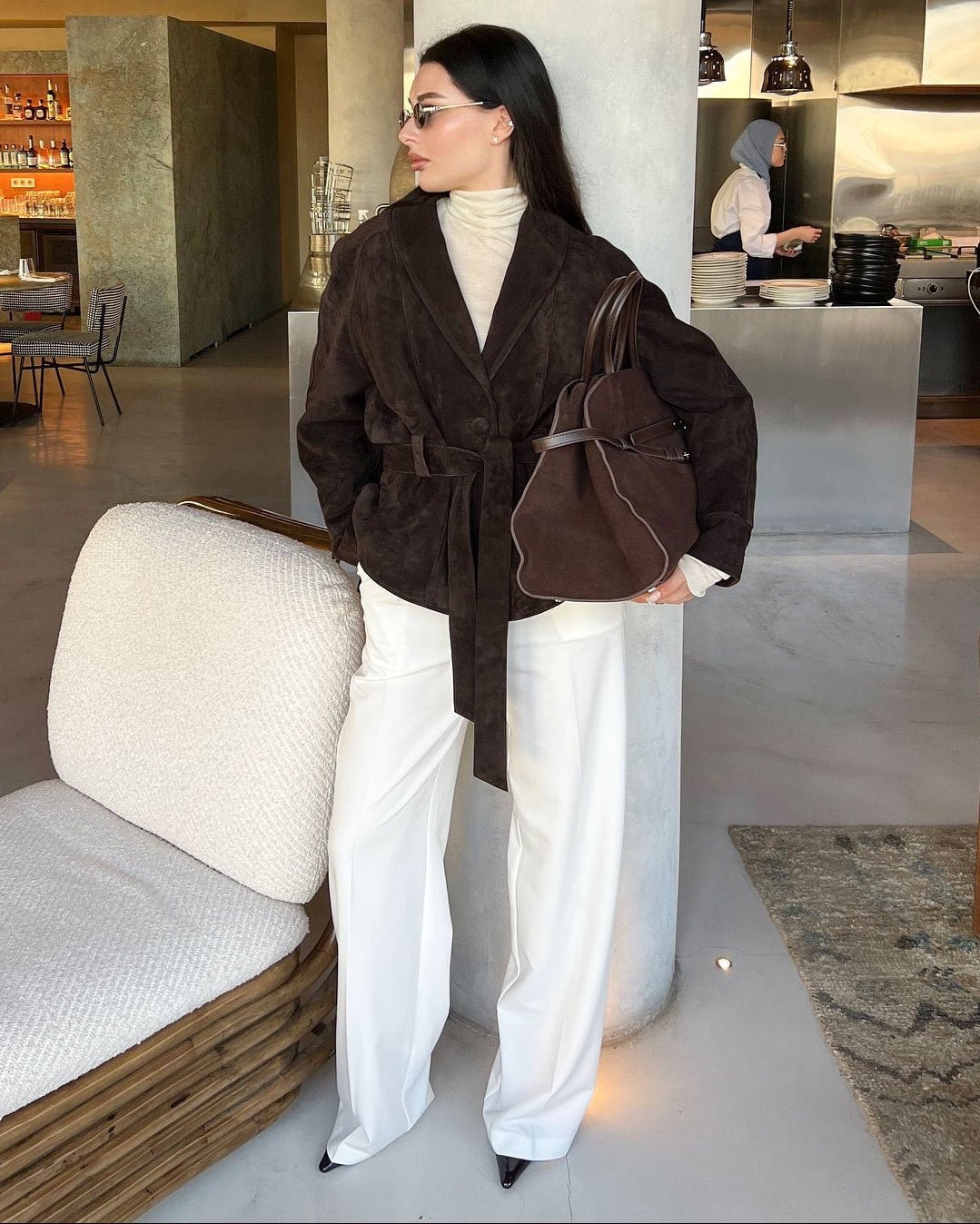 OLANE Belted Faux Suede Trench Coat BrownSWomen's Coats & Jackets