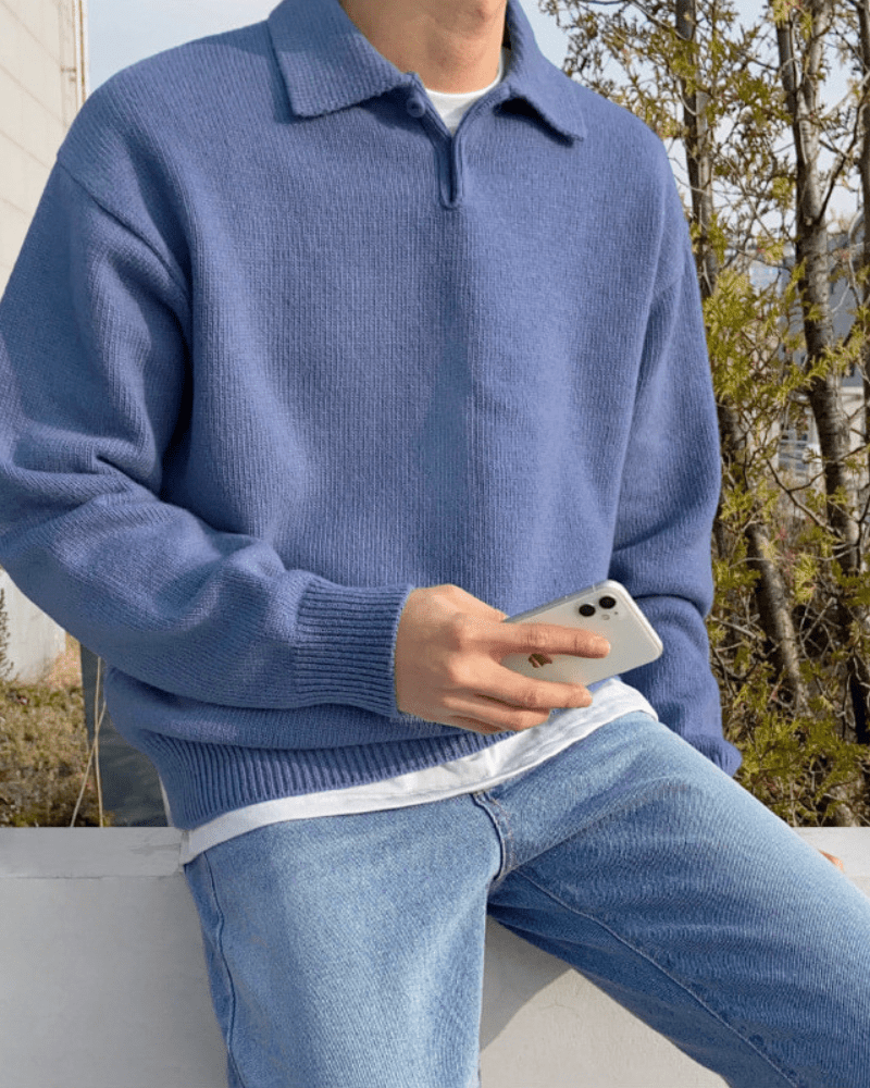 Olane Brand Men's Polo Sweater - Soft Fine Knit Long Sleeve Sweater for Autumn & Winter BlueSMen's Sweaters