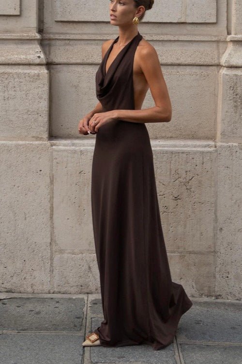 OLANE Brown Halter Backless Maxi Dress LWomen’s Dresses