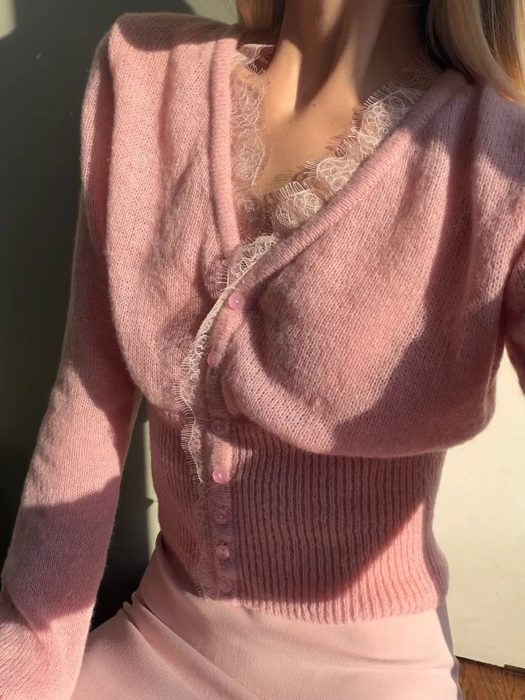 OLANE Buttoned V-Neck Lace Trim Cardigan PinkCardigan
