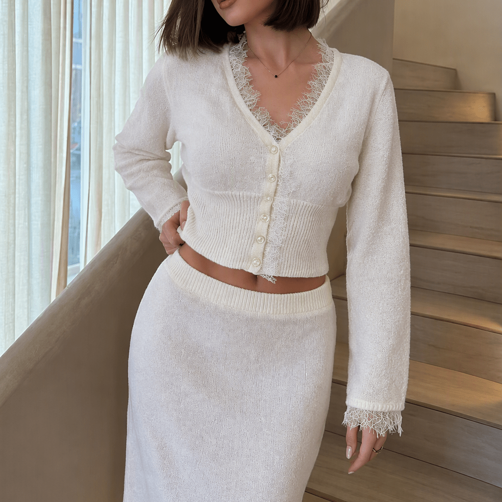 OLANE Buttoned V-Neck Lace Trim Cardigan WhiteCardigan