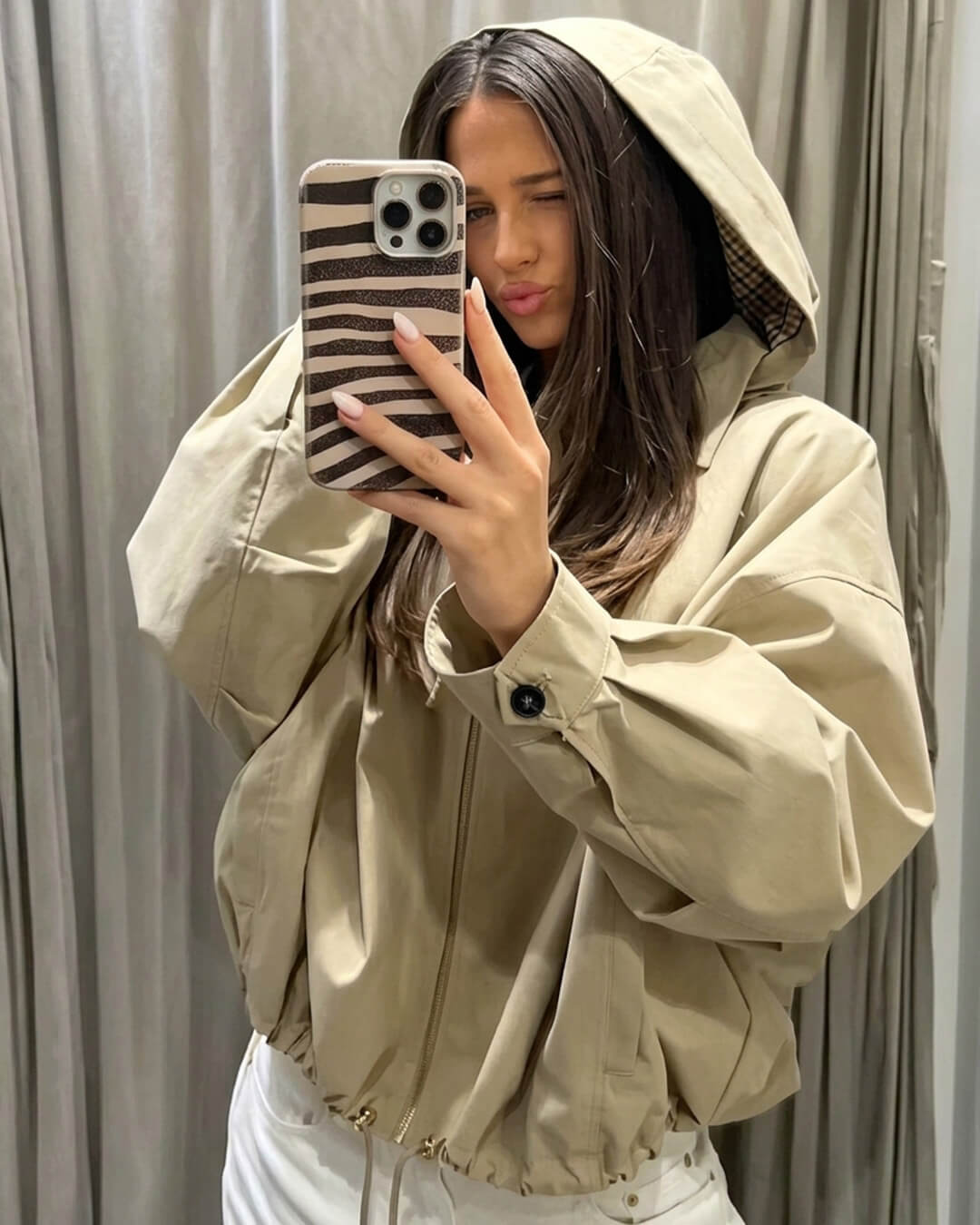 OLANE Casual Hooded Zip-Up Jacket BeigeMWomen's Coats & Jackets
