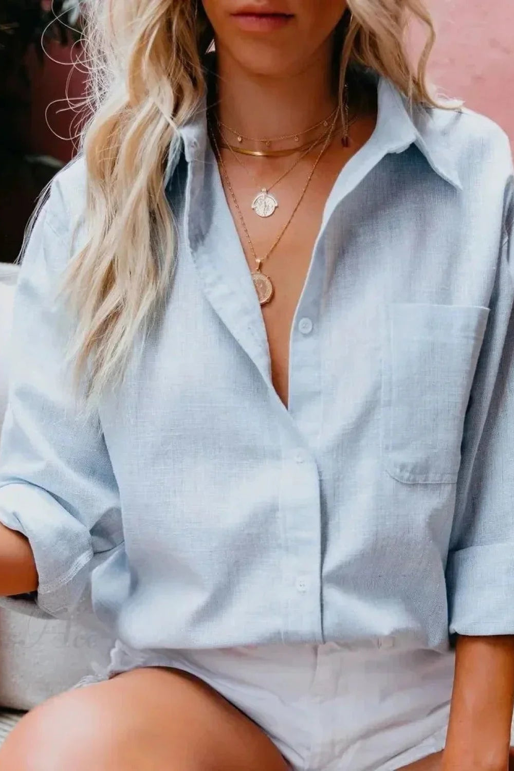 OLANE Casual Lapel Cotton Linen Blouse BlueSWomen's Tops