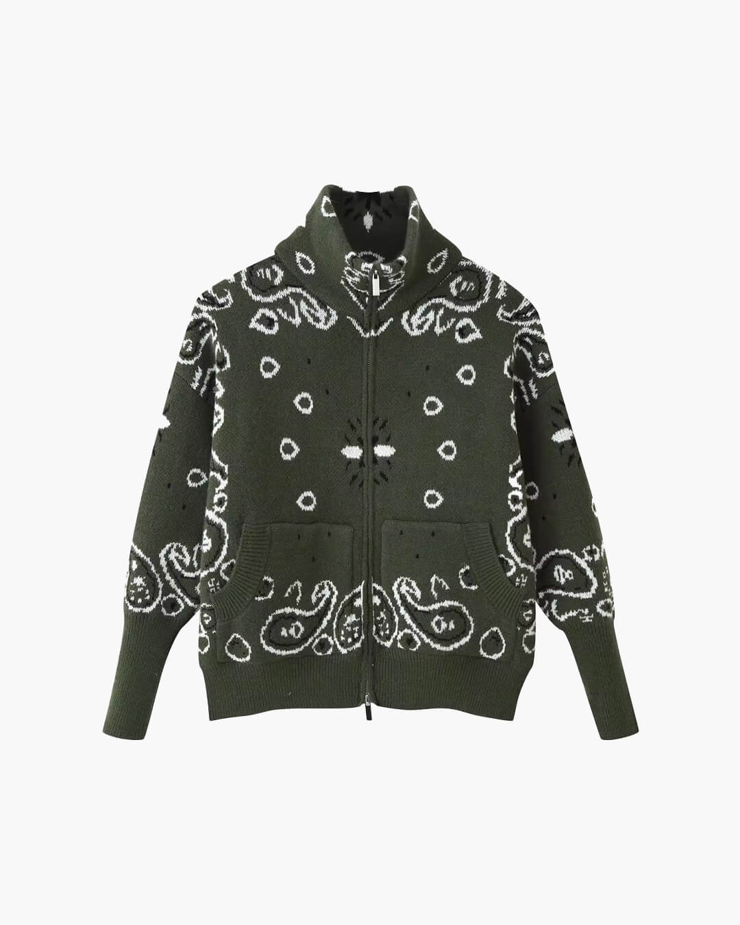OLANE Casual Paisley Zip-Up Knit Jacket BlueMWomen's Coats & Jackets