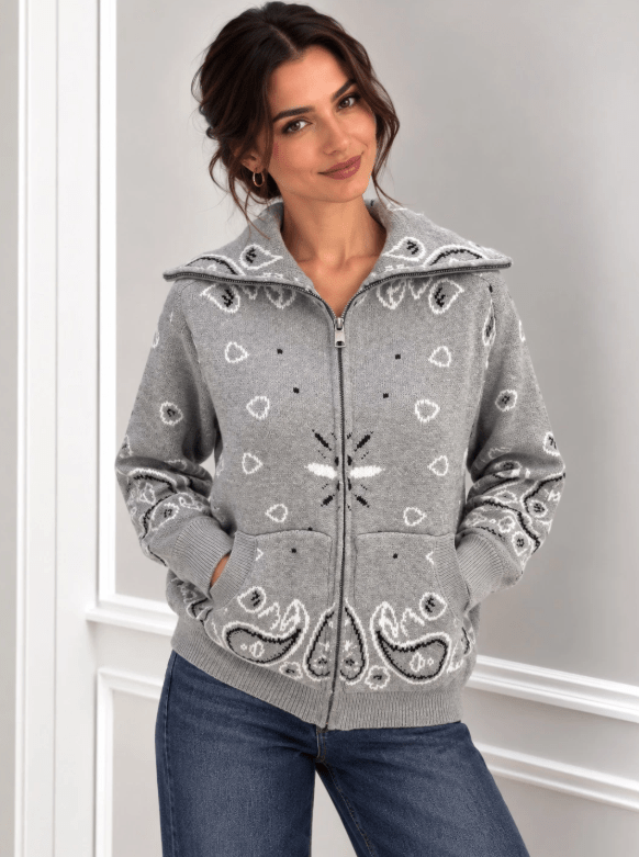 OLANE Casual Paisley Zip-Up Knit Jacket GreyMWomen's Coats & Jackets