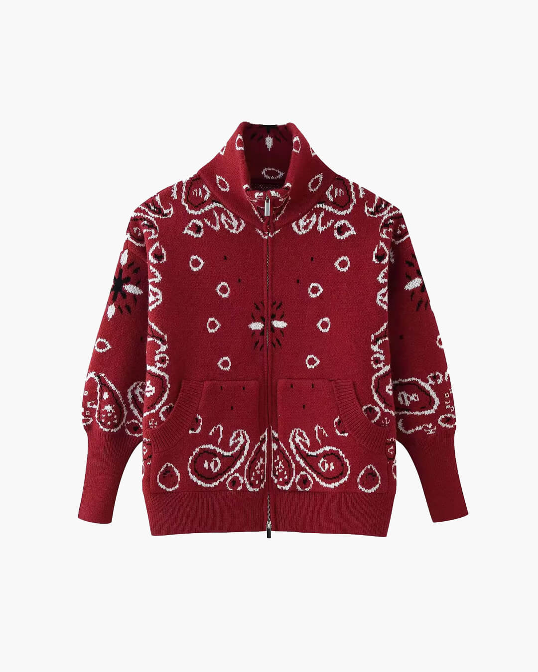 OLANE Casual Paisley Zip-Up Knit Jacket RedMWomen's Coats & Jackets