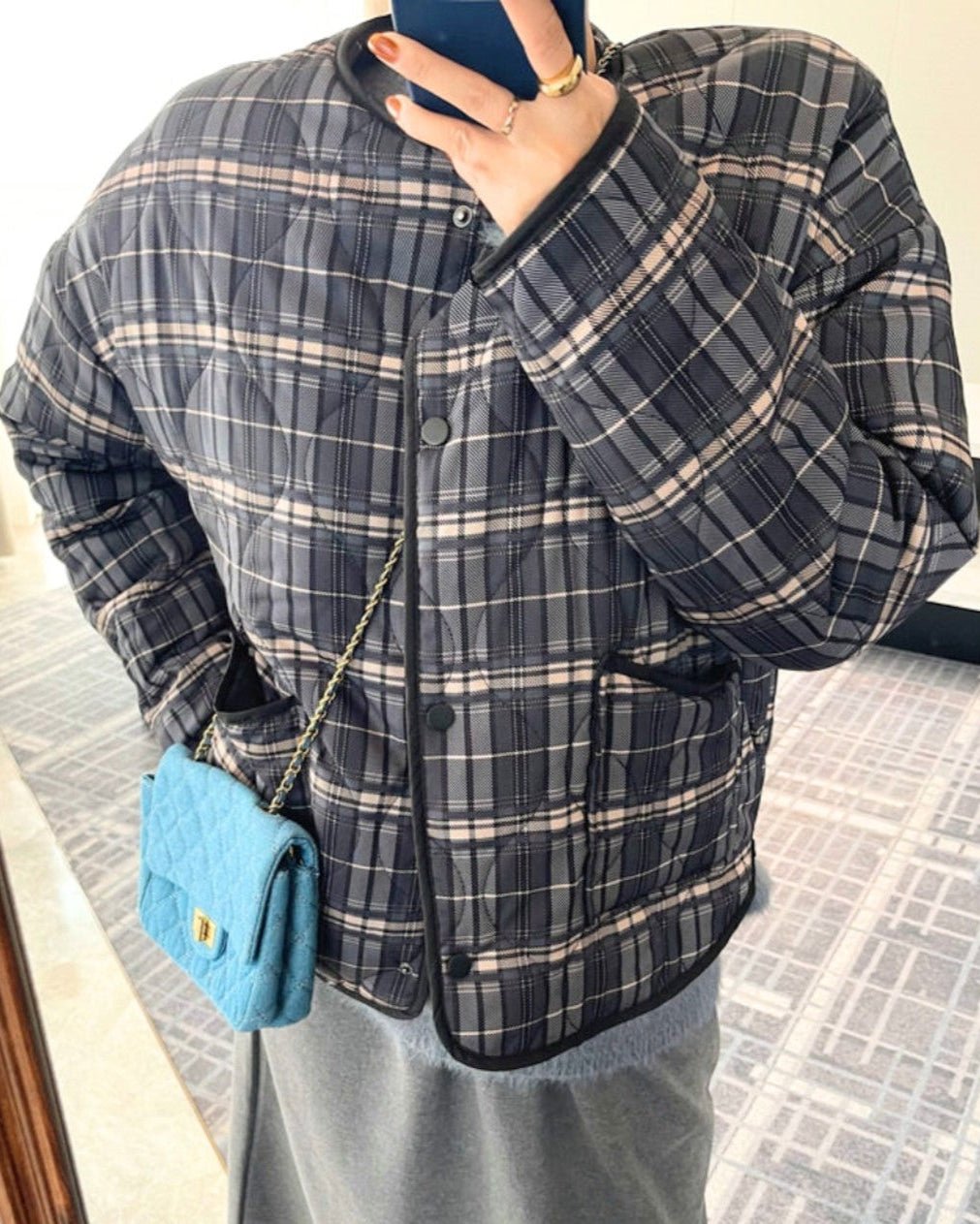 OLANE Casual Plaid Quilted Jacket Brown PlaidSJacket