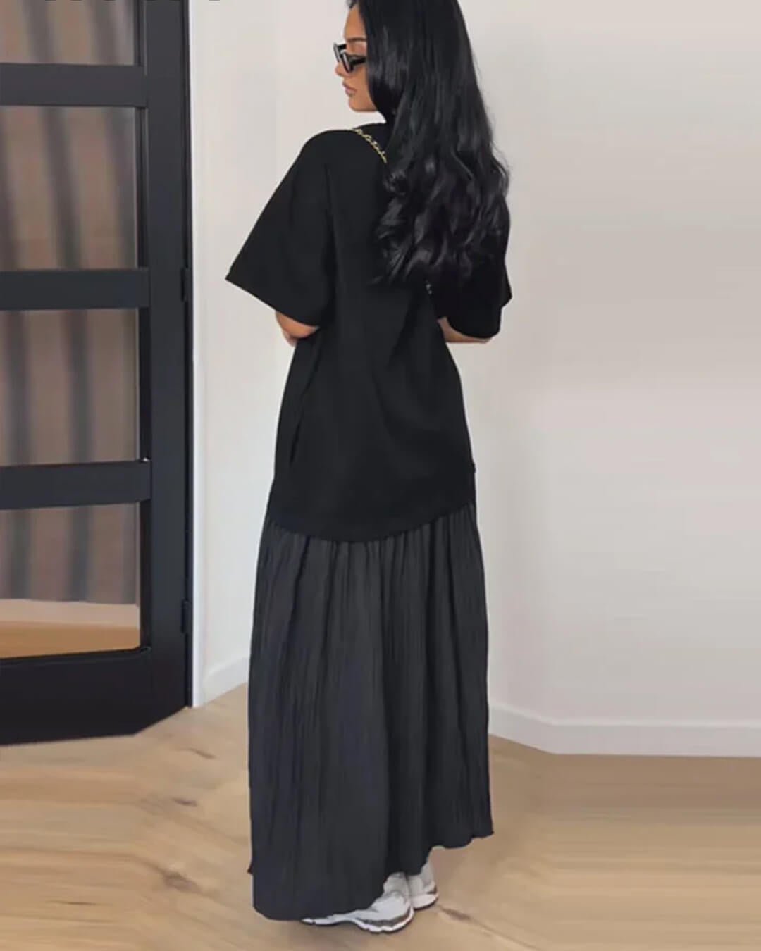 OLANE Casual Pleated Patchwork Midi Dress BlackSWomen's Dresses
