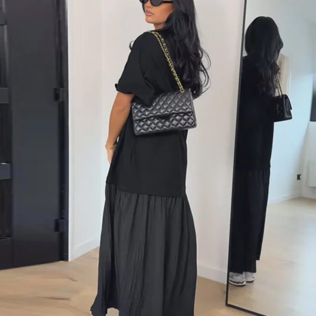 OLANE Casual Pleated Patchwork Midi Dress BlackSWomen's Dresses