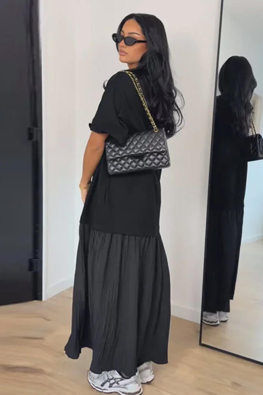 OLANE Casual Pleated Patchwork Midi Dress BlackSWomen's Dresses