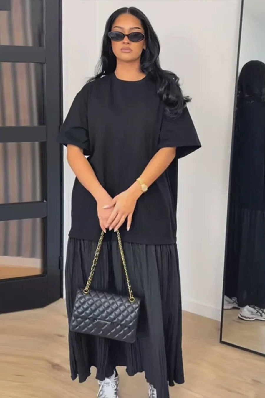 OLANE Casual Pleated Patchwork Midi Dress GreenSWomen's Dresses