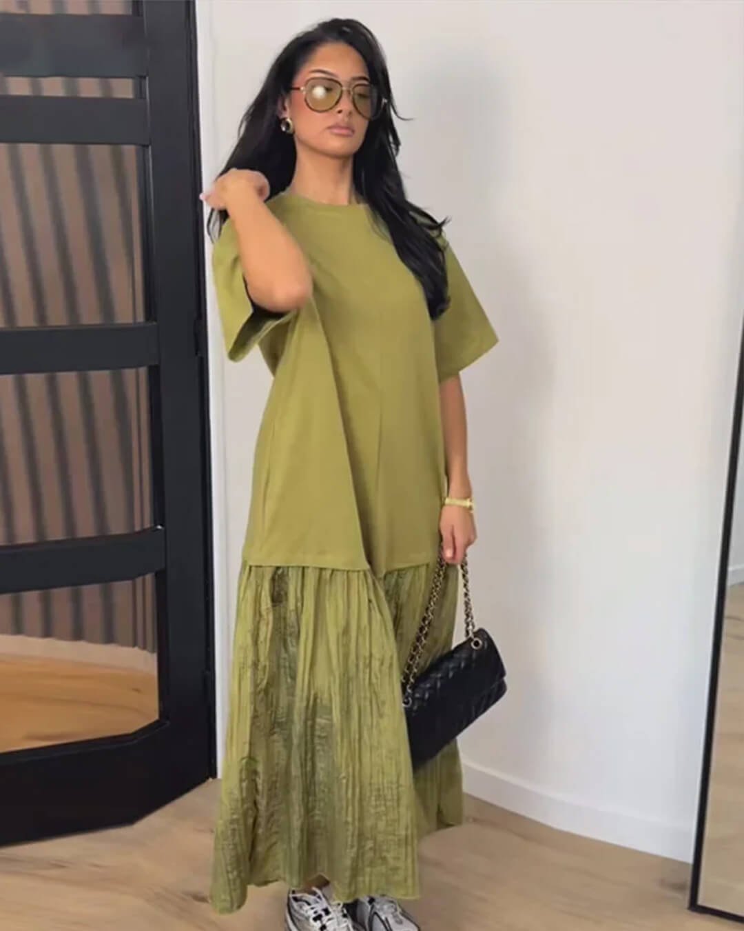 OLANE Casual Pleated Patchwork Midi Dress GreenSWomen's Dresses