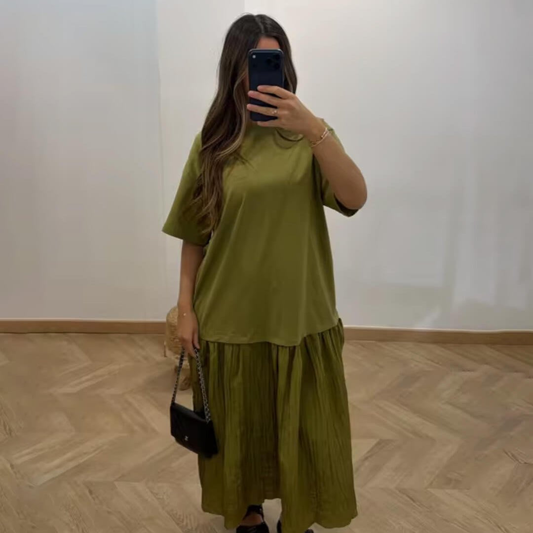 OLANE Casual Pleated Patchwork Midi Dress GreenSWomen's Dresses