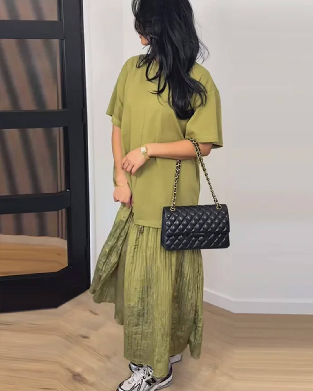 OLANE Casual Pleated Patchwork Midi Dress GreenSWomen's Dresses