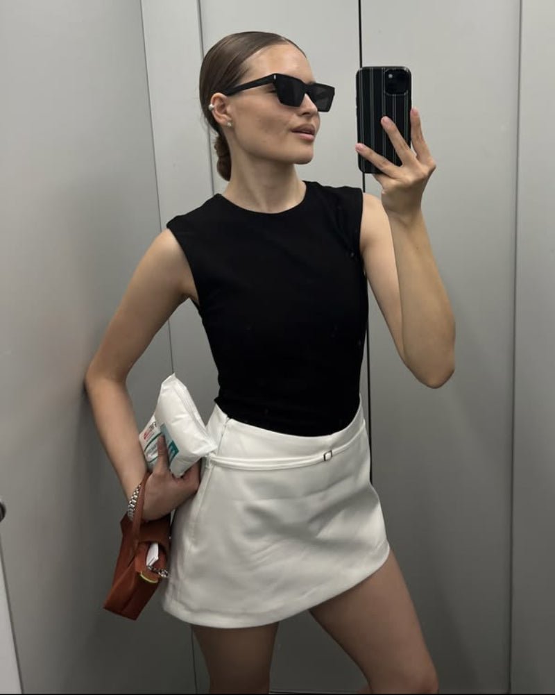 OLANE Casual Side Zip Mini Skort with Belt WhiteXSShorts