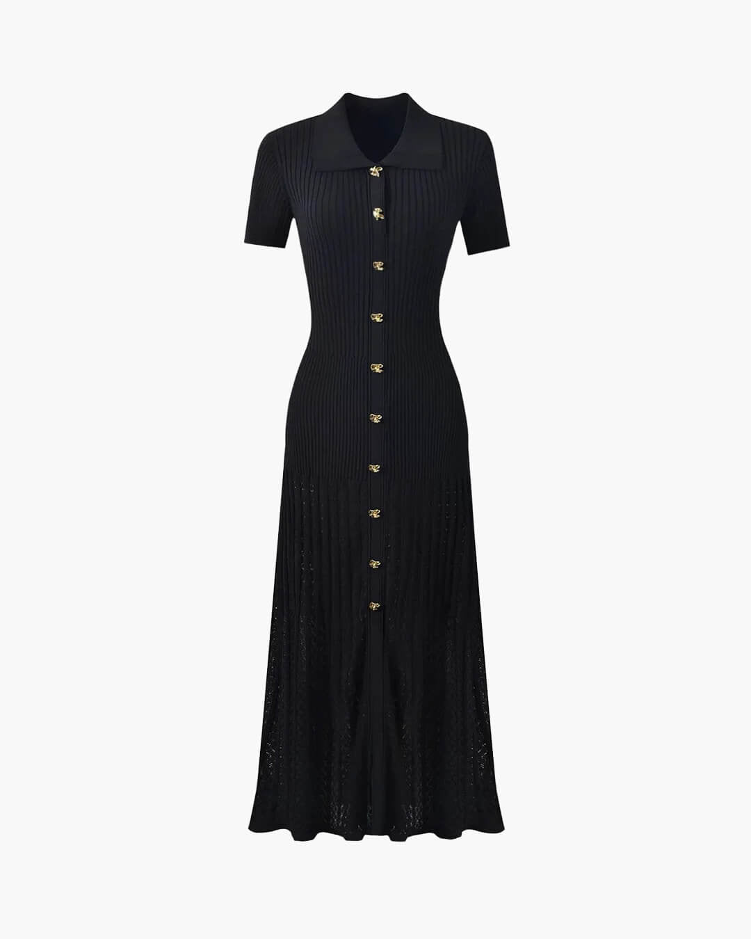 OLANE Casual Turn - Down Collar Knit Maxi Dress BlackWomen's Dresses