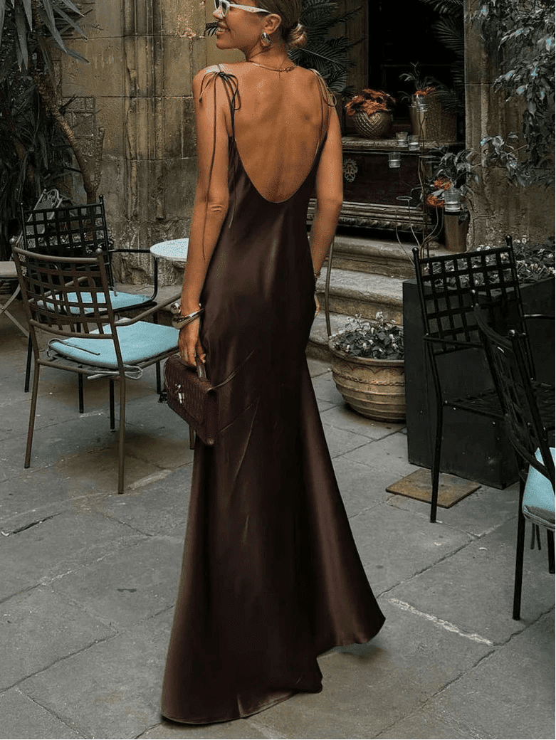 OLANE Chic Backless Satin Maxi Dress SWomen's Dresses