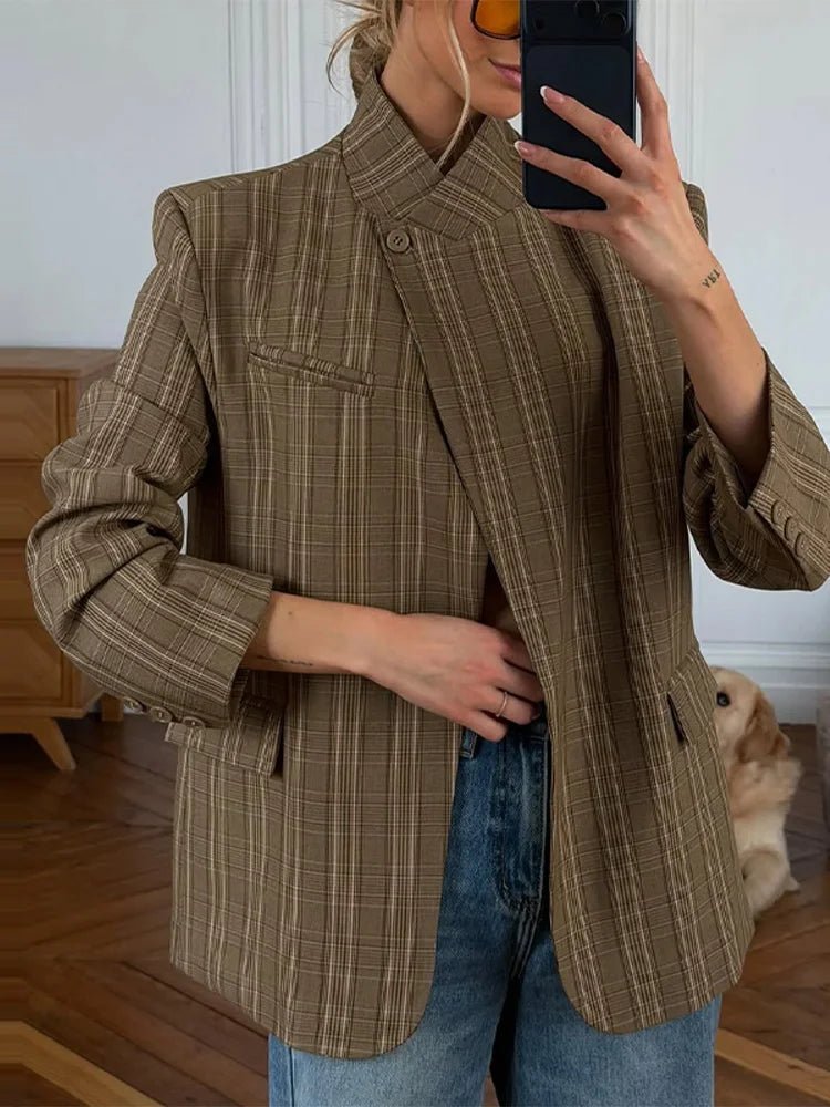 OLANE Chic Plaid Stand Collar Blazer BrownSBlazer