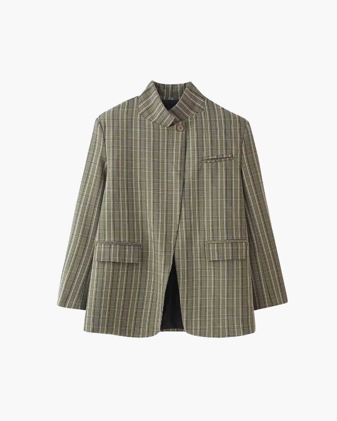 OLANE Chic Plaid Stand Collar Blazer BrownSBlazer