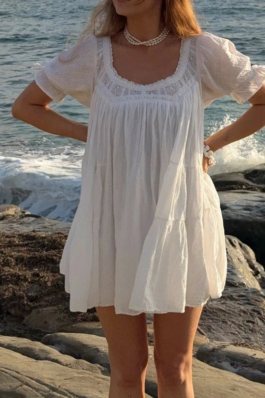OLANE Chic Puff Sleeve Babydoll Dress WhiteMWomen's Dresses