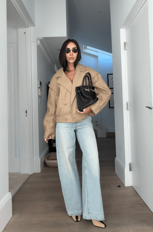OLANE Classic Double Breasted Faux Leather Coat BeigeMCoat