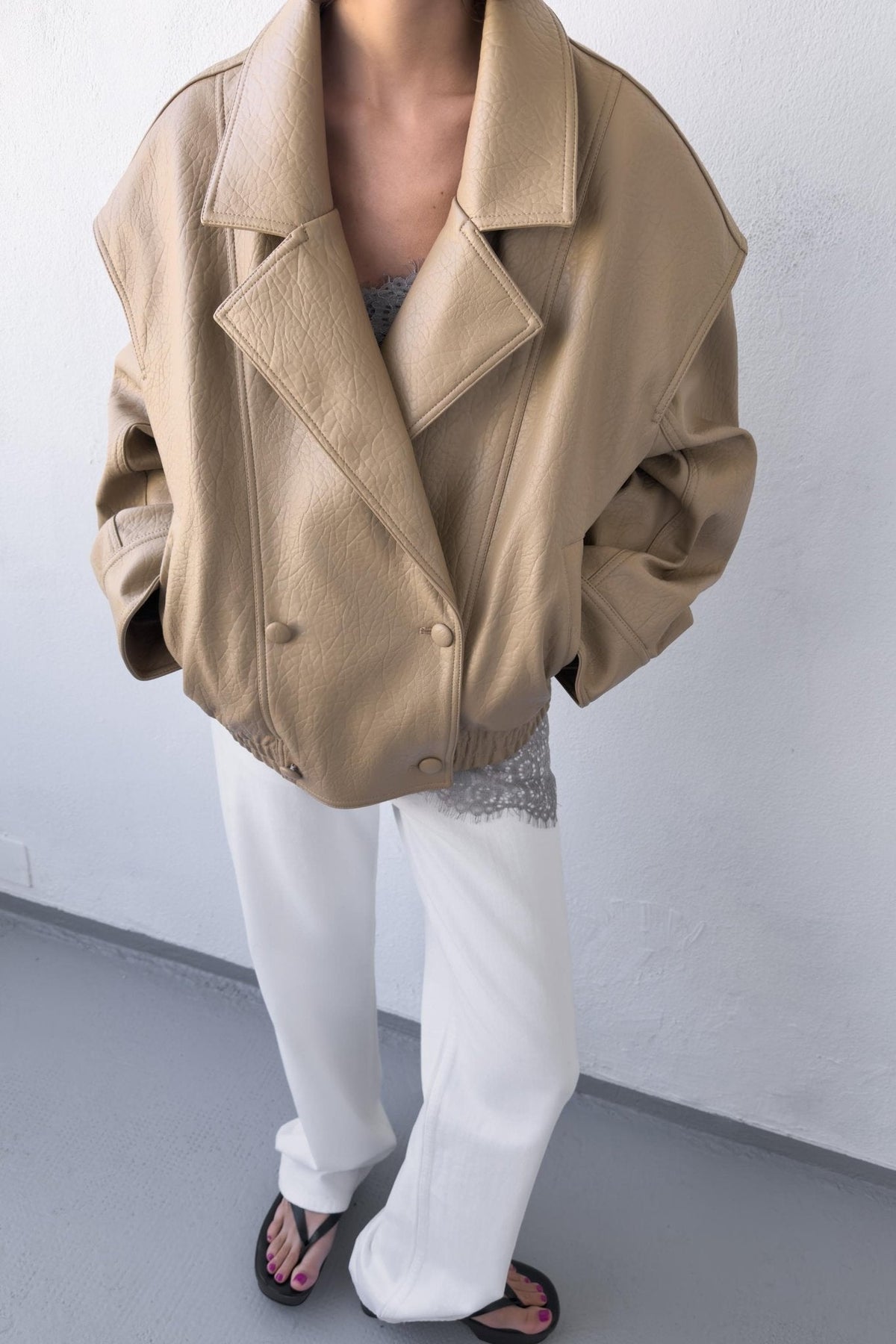 OLANE Classic Double Breasted Faux Leather Coat BeigeMCoat