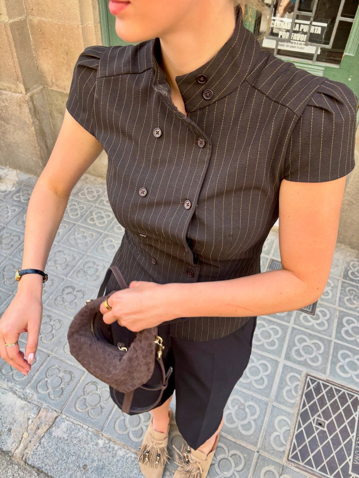 OLANE Classic Double-Breasted Plaid Blouse BlackSBlouse