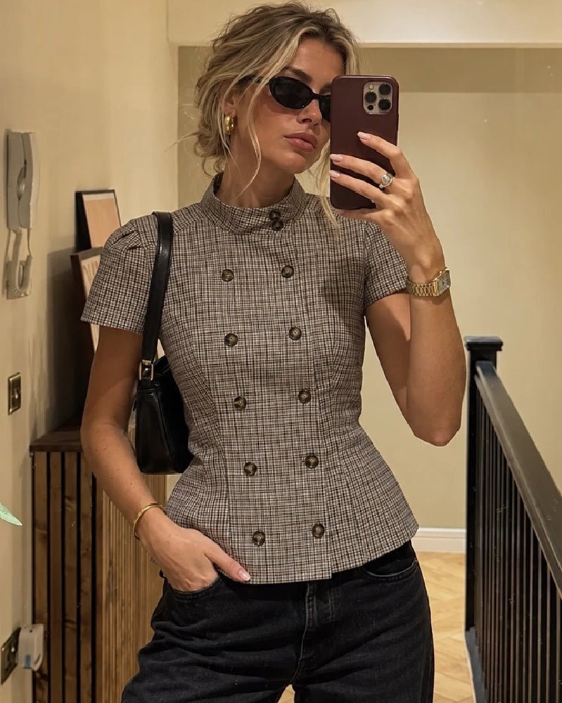OLANE Classic Double-Breasted Plaid Blouse GreySBlouse