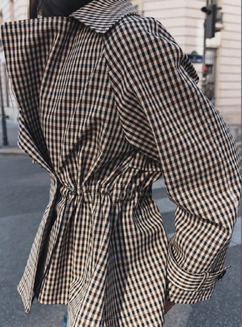 OLANE Classic Drawstring Gingham Short Trench BeigeSCoat