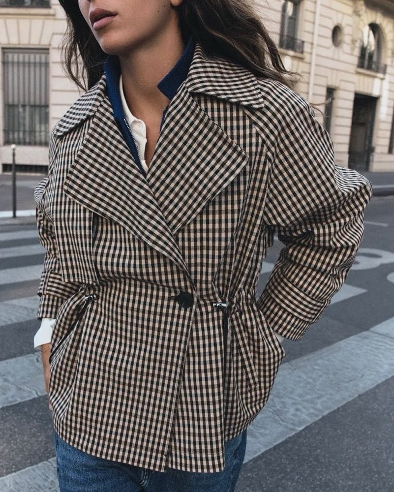 OLANE Classic Drawstring Gingham Short Trench BeigeSCoat