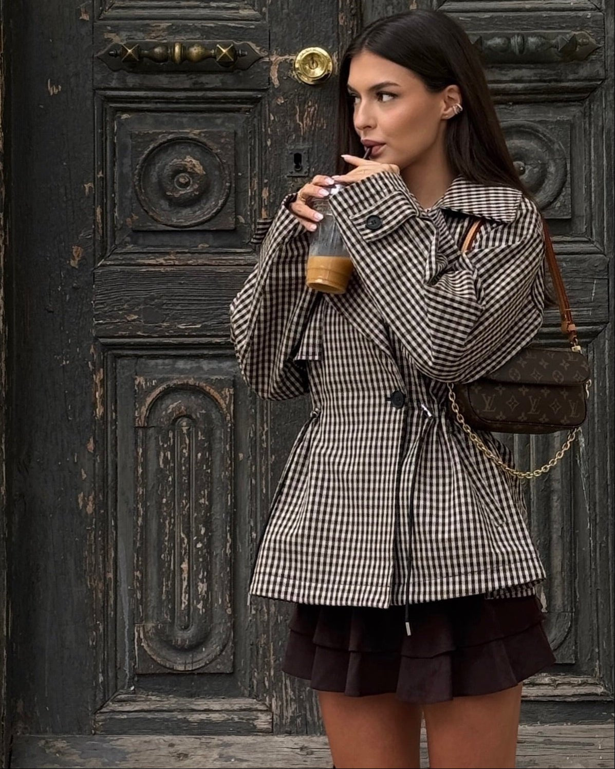 OLANE Classic Drawstring Gingham Short Trench BeigeXSCoat